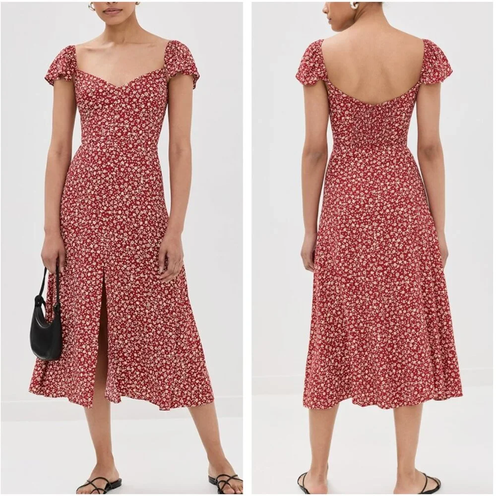 NWT Reformation Baxley Midi Dress Sz6 Last Tango Red Cream Floral Party Casual